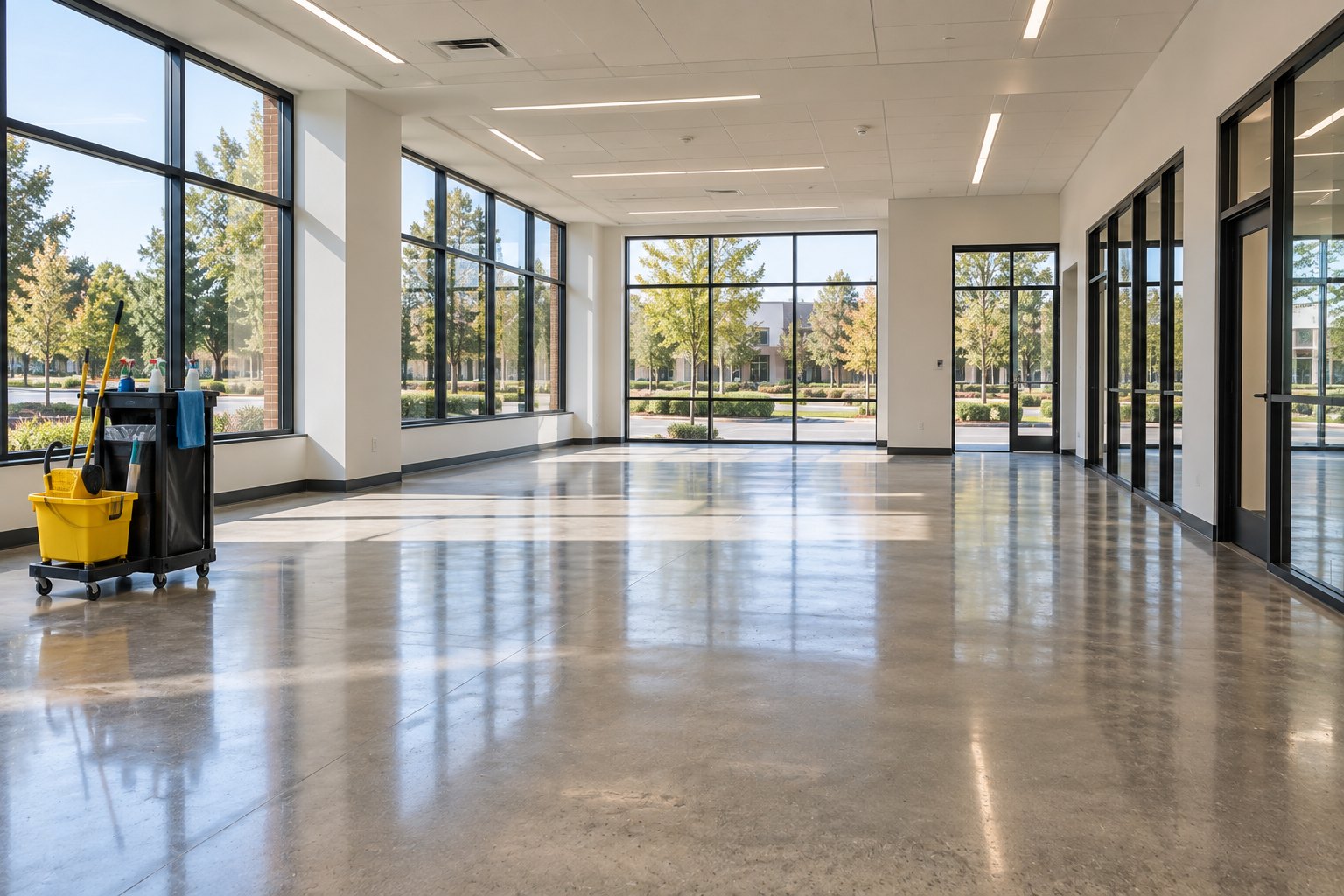A bright, freshly cleaned commercial interior with polished concrete floors