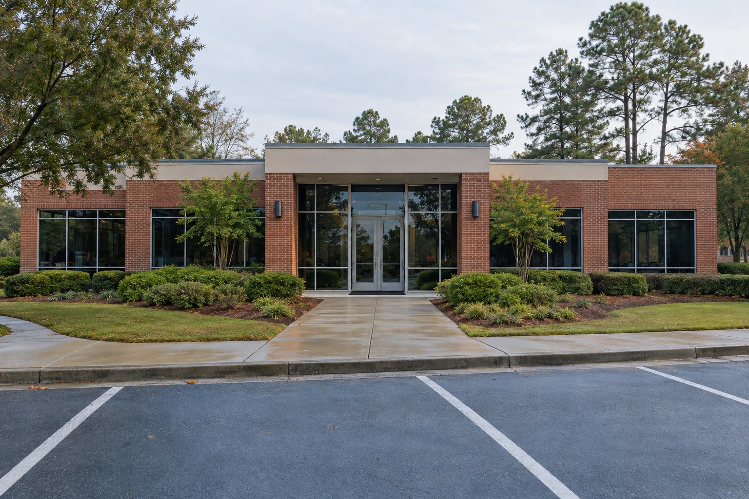 A well-kept brick and glass office building with a freshly cleaned walkway and trimmed landscaping