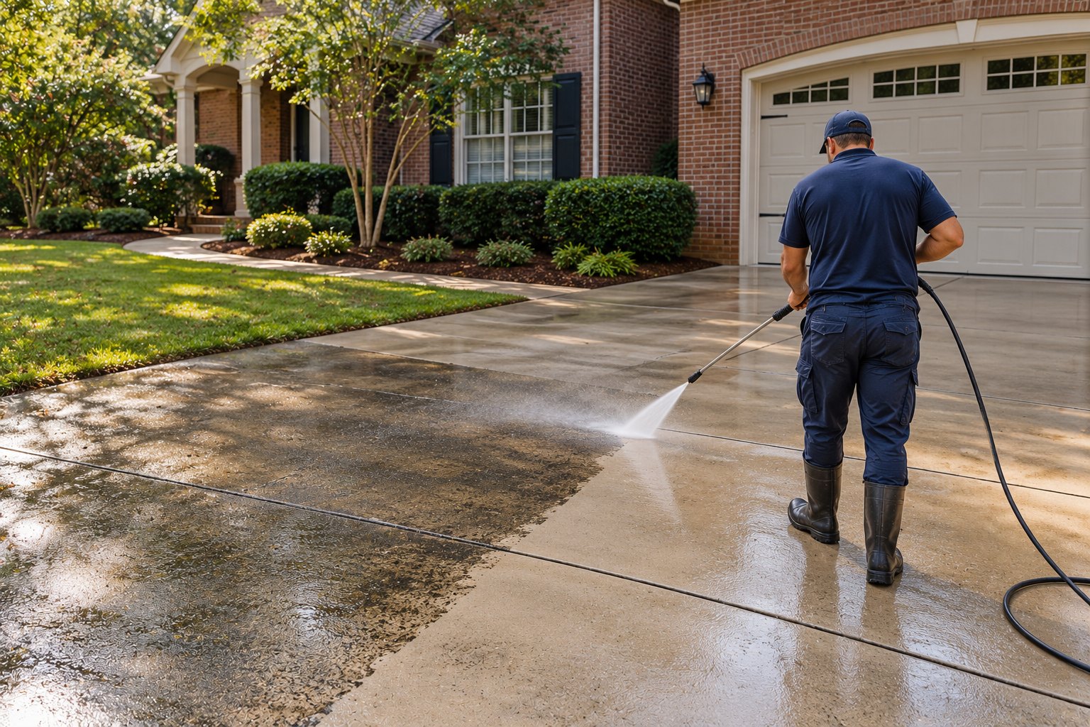 A worker pressure washing a driveway, with a clear line between clean and dirty concrete