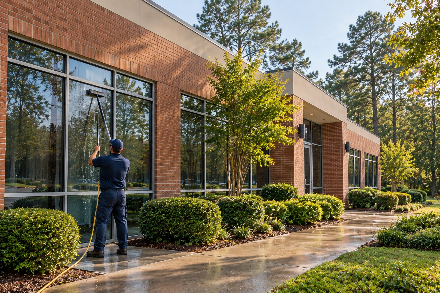 A technician cleaning the exterior windows of a brick commercial building