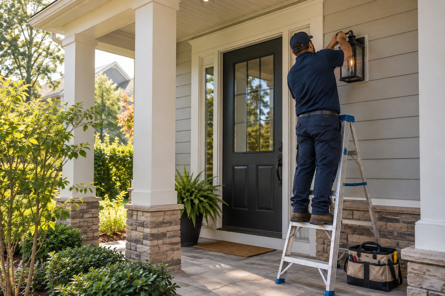A technician on a step ladder installing a new exterior light beside a front door