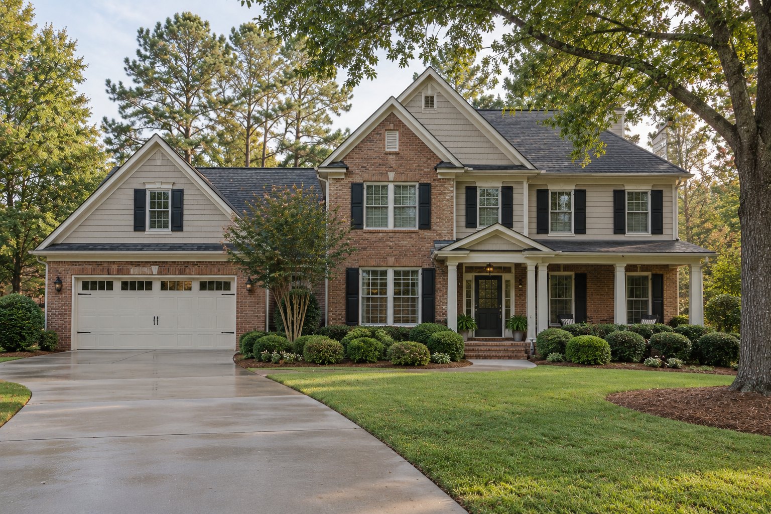 A two-story brick home with a clean driveway, tidy lawn, and mature trees